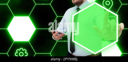 Man in office shirt satnding and holding mobile phone. Businessman pressing virtual button with his finger. Unlock, switch on. Futuristic colored glow. Stock Photo