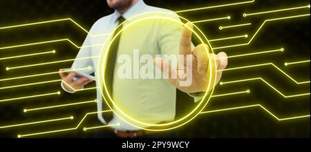 Man in office shirt satnding and holding mobile phone. Businessman pressing virtual button with his finger. Unlock, switch on. Futuristic colored glow. Stock Photo