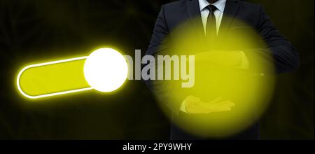 Businessman in office suit holding futuristic frame with glow in his hands. Digital design presenting brand new technologies. Text holder for main message. Stock Photo