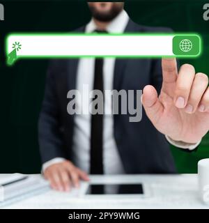 Man in black office suit sitting at the table and pressing virtual button with his finger. Futuristic digital design with colored glow. New technological infrormation. Stock Photo