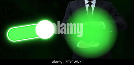 Businessman in office suit holding futuristic frame with glow in his hands. Digital design presenting brand new technologies. Text holder for main message. Stock Photo