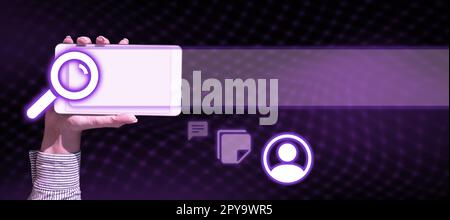 Hand Holding mobile phone presenting New Futuristic Technologies. Palm Carrying cellphone Displaying Solving Late Innovative Virtual Ideas. Screen glow. Stock Photo