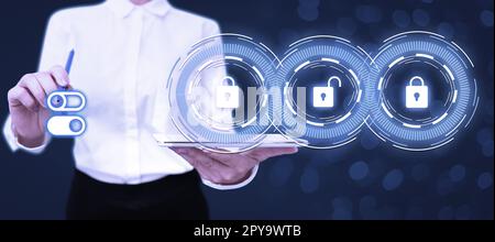 Lady in office suit holding tablet and pen. Pointing on fufturistic element on screen. Image with color glow. Textholder presenting important information. Stock Photo