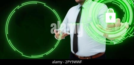 Man in office shirt satnding and holding mobile phone. Businessman pressing virtual button with his finger. Unlock, switch on. Futuristic colored glow. Stock Photo