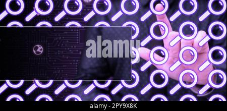Human in office suit holding mobile phone and pressing on virtual button with finger. Futuristic image with color glow. Textholder contains important information. Stock Photo