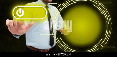 Man in office shirt satnding and holding mobile phone. Businessman pressing virtual button with his finger. Unlock, switch on. Futuristic colored glow. Stock Photo