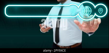 Man in office shirt satnding and holding mobile phone. Businessman pressing virtual button with his finger. Unlock, switch on. Futuristic colored glow. Stock Photo