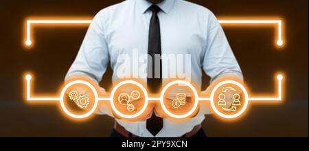 Businessman holding tablet with two hands. Glow going from device presenting important information. Futuristic digital design showing technological system. Stock Photo