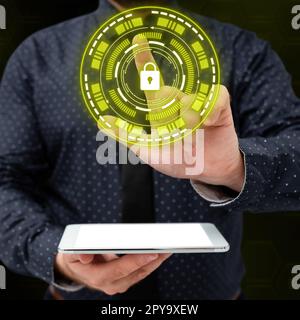 Businessman in black shirt holding mobile phone in one hand. Man pressing virtual button with his finger. Unlock, switch on. Futuristic colored glow. Digital design. Stock Photo