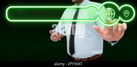 Man in office shirt satnding and holding mobile phone. Businessman pressing virtual button with his finger. Unlock, switch on. Futuristic colored glow. Stock Photo