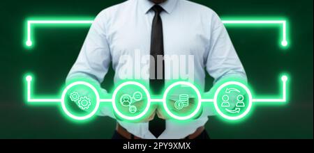 Businessman holding tablet with two hands. Glow going from device presenting important information. Futuristic digital design showing technological system. Stock Photo