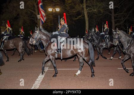 London, UK. 02nd May, 2023. A night time rehearsal in central London for the coronation of King Charles III, which will take place this weekend. Picture date: Wednesday May 3, 2023 Credit: horst friedrichs/Alamy Live News Stock Photo