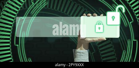 Hand Holding mobile phone presenting New Futuristic Technologies. Palm Carrying cellphone Displaying Solving Late Innovative Virtual Ideas. Screen glow. Stock Photo