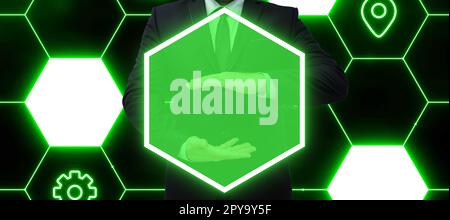 Businessman in office suit holding futuristic frame with glow in his hands. Digital design presenting brand new technologies. Text holder for main message. Stock Photo