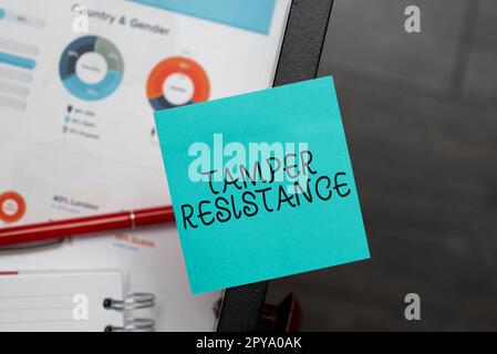 Hand writing sign Tamper Resistance. Word for resilent to physical harm, threats, intimidation, or corrupt persuasion Stock Photo