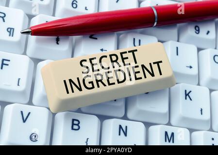 Inspiration showing sign Secret Ingredient. Word for special technique or materials used by a company in manufacturing its products Stock Photo