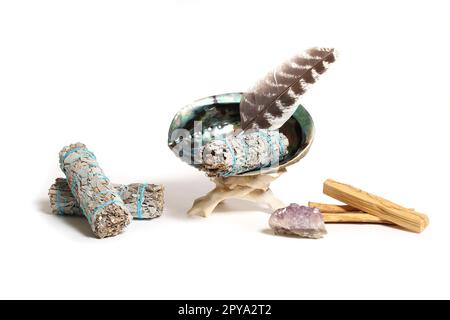 Abalone Shell With Sage Incense and Amethyst Stone For Cleansing and Purification Stock Photo