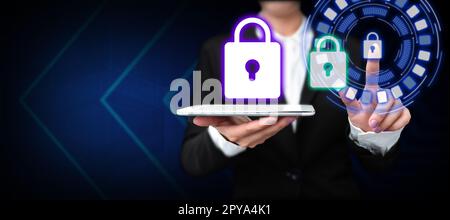 Lady In Uniform Standing Holding Tablet And Pressing On Virtual Button. Business Woman Carrying Pad Tapping Switch Showing New Futuristic Technologies. Stock Photo