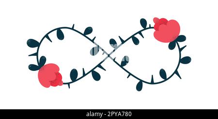 Infinity symbol with flowers and thorns as a metaphor of romantic love concept. Vector illustration, flat design Stock Vector