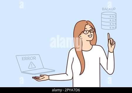 Woman IT specialist wants to recover lost files from backup after laptop crash or server failure. Girl system administrator makes backup important inf Stock Photo