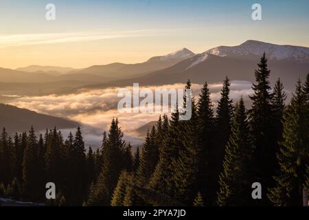 Over clouds view on snow capped mountain ranges landscape photo Stock Photo