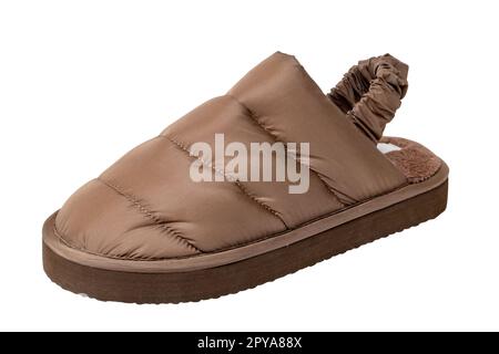 Slippers isolated. Close-up of a single of female brown warm and soft cosy terry house slipper isolated on white background. Clipping path. Womans shoes. Macro. Stock Photo