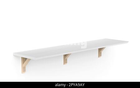 Wooden shelf with brackets on a white wall Stock Photo - Alamy