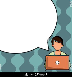 Man sitting at the table with laptop. Big white speech bubble for text overhead. Empty Dialog box on bright colored background. Vector drawing illustration. Stock Photo