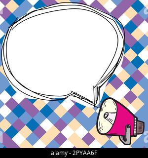 Megaphone presenting important information and brand new agenda. Big white speech bubble for text on bright colored background. Vector drawing illustration. Stock Photo