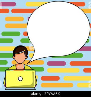 Man sitting at the table with laptop. Big white speech bubble for text overhead. Empty Dialog box on bright colored background. Vector drawing illustration. Stock Photo