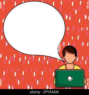 Man sitting at the table with laptop. Big white speech bubble for text overhead. Empty Dialog box on bright colored background. Vector drawing illustration. Stock Photo