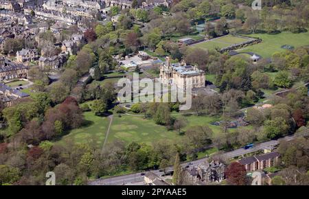 aerial view of Lister Park in Bradford, with Cartwright Hall art gallery prominent, West Yorkshire Stock Photo