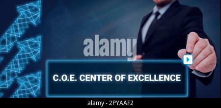 Conceptual caption C.O.E. Center Of Excellence. Business overview being alpha leader in your position Achieve Stock Photo