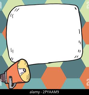 Megaphone presenting important information and brand new agenda. Big white speech bubble for text on bright colored background. Vector drawing illustration. Stock Photo