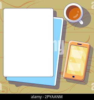 Mobile phone laying on table with messages on the screen. Bright vector illustration with notebook and coffee cup. Image contains important information. Current news. Stock Photo