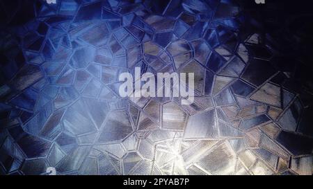 Light through the glass. Corrugated glass refracts the rays of the early morning sun. Self-adhesive film in the window to give privacy to the room. Winter frosty patterns on glass. Stock Photo