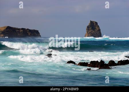 Waves, View of Islands Deitado Em Pe, Areia Funda, Pico, Azores, Portugal Stock Photo
