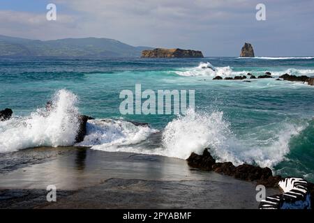 Waves, View of Islands Deitado Em Pe, Areia Funda, Pico, Azores, Portugal Stock Photo