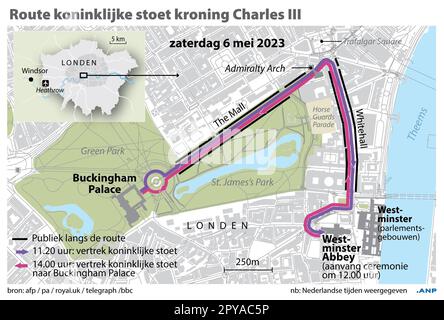 UPDATE route royal procession coronation Charles III. Version: COMPACT. With location audience along the route and details timetable. ANP INFOGRAPHICS netherlands out - belgium out Stock Photo