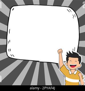 Young happy boy presenting important information and brand new agenda. Big white speech bubble for text on bright colored background. Vector drawing illustration. Stock Photo