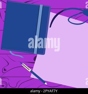 Notebook laying on desk. Blank paper near books. Bright colored vector illustration. Pencil, pen, different school office supplies. Empty space for advertising. Stock Photo