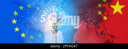 Chinese 5g technology in the EU concept. Telecommunication tower for 5g network. Europe and china flag. Communication technology. Mobile or telecom 5g network. Network connection business. 5g service. Stock Photo