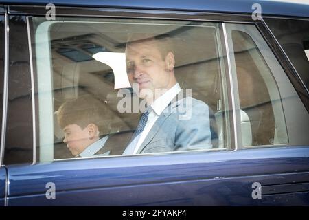 Prince Louis and the Prince of Wales leaving Westminster Abbey in central London, following a rehearsal for the coronation of King Charles III. Picture date: Wednesday May 3, 2023. Stock Photo