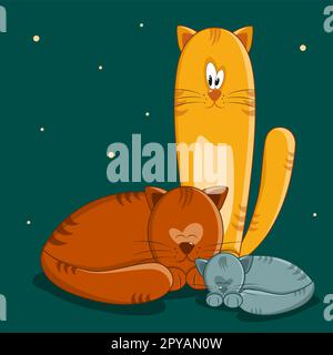 Sleeping cat on a turquoise background. Yellow cat watching everything. Three cats. Vector. EPS10 Stock Vector