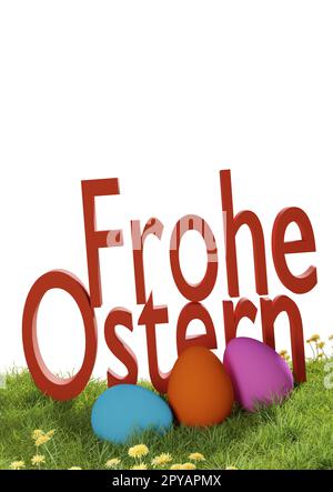 The German words Happy Easter on green grass with colorful Easter eggs on white background Stock Photo