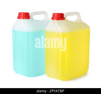 Plastic canisters with liquids on white background Stock Photo