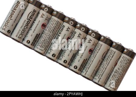 Packet of 10 Amazon basics AA batteries set on white background Stock Photo