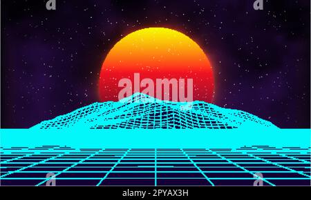 Retro background futuristic landscape 1980s style. Digital retro landscape cyber surface. Retro music album cover template sun, space, mountains . 80s Stock Vector