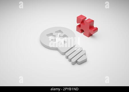 Bright light bulb with a red jigsaw puzzle piece, 3d rendering Stock Photo