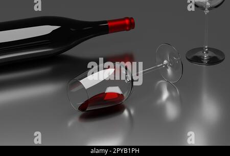 Glass of red wine with bottle on a dark reflective table, wine cocnept Stock Photo